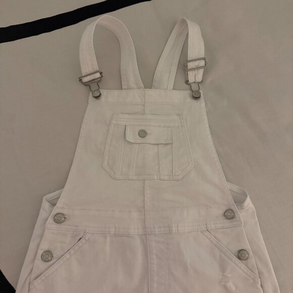 EUC White Denim Overall Dress – Distressed Hem, Adjustable Straps Sz L (10/12) - Picture 3 of 8